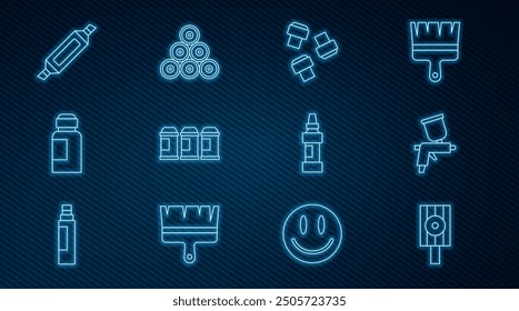 Línea de conjunto Tapa de boquilla de lata de pulverización, pistola de pulverización de pintura, accesorio de pluma de marcador, pintura, gouache, tarro, tinte e icono. Vector