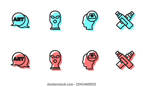 Set line Spray can nozzle cap, Speech bubble with text art, Balaclava and Marker pen icon. Vector