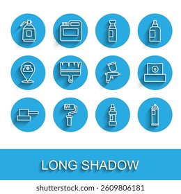 Set line Spray can nozzle cap, Paint roller brush, spray gun, Marker pen,  and  icon. Vector