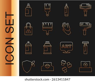 Set line Spray can nozzle cap, Marker pen, Paint roller brush, Paint, gouache, jar, dye and Rubber gloves icon. Vector