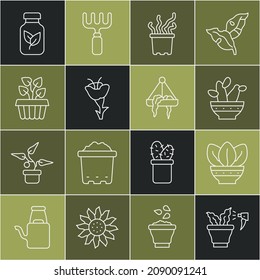 Set line Spraying plant, Plant pot, Cactus peyote, Exotic tropical, Flower, Indoor ivy, Fertilizer bottle and hanging icon. Vector