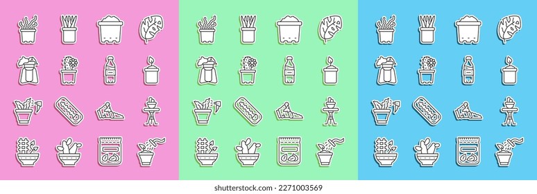 Set line Spraying plant, Plant pot on table, Sprout bottle, Pot with soil, Cactus peyote, stand, Exotic tropical and Bottle of water icon. Vector
