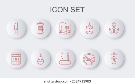 Set line Spring scale, Detonate dynamite bomb stick, Aquarium, No fishing, Knife, Spinning reel for, Fishing spoon and Swiss army knife icon. Vector