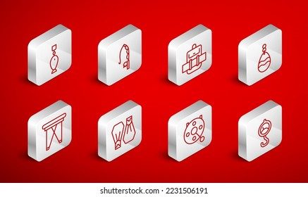 Set line Spring scale, Fishing rod, Hiking backpack, spoon, Spinning reel for fishing, Rubber flippers swimming and Folding chair icon. Vector
