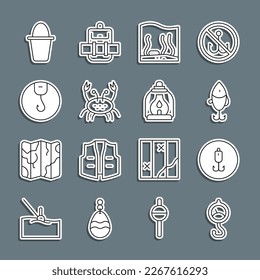 Set line Spring scale, Fishing hook, lure, Aquarium, Crab, bucket and Camping lantern icon. Vector