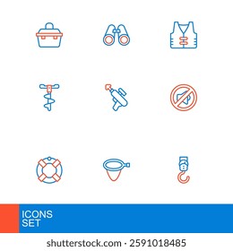 Set line Spring scale, Fishing net, Lifebuoy, Speaker mute, Hand ice drill, harpoon, jacket and Binoculars icon. Vector