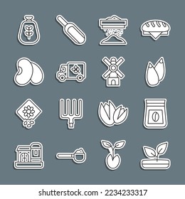 Set line Sprout, Bag of coffee beans, Seed, Sifting flour, Flour truck, Beans,  and Windmill icon. Vector