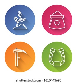 Set line Sprout, Bag of flour, Scythe and Horseshoe. Color circle button. Vector