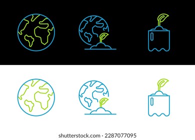 Set line Sprout in bottle, Earth globe and and plant icon. Vector