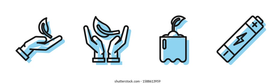 Set line Sprout in bottle, Sprout in hand of environmental protection, Sprout in hand of environmental protection and Battery icon. Vector