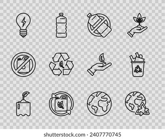 Set line Sprout in bottle, Planet earth and a recycling, No plastic, Bio fuel canister, Light bulb with lightning symbol, Recycle leaf, Earth globe and bin recycle icon. Vector