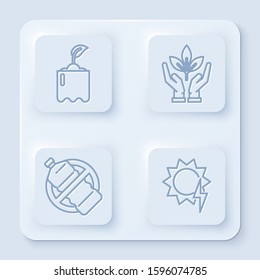 Set line Sprout in bottle, Plant in hand of environmental protection, No plastic bottle and Solar energy panel. White square button. Vector