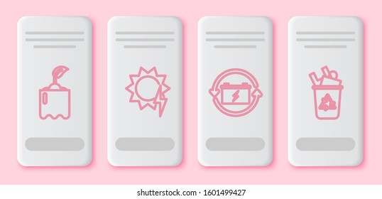 Set line Sprout in bottle, Solar energy panel, Battery with recycle symbol and Recycle bin with recycle symbol. White rectangle button. Vector