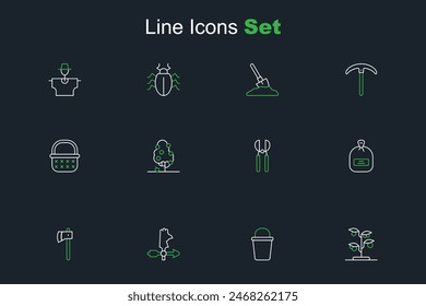 Set line Sprout, Bucket, Rooster weather vane, Wooden axe, Pack full of seeds, Gardening scissors, Fruit tree and Wicker basket icon. Vector