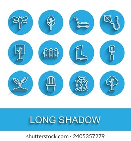Set line Sprout, Cactus peyote in pot, Dragonfly, Ladybug, Forest, Garden fence wooden, Shovel and Rubber gloves icon. Vector