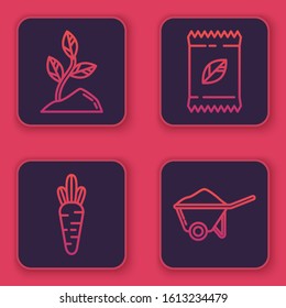 Set line Sprout, Carrot, A pack full of seeds of a specific plant and Wheelbarrow with dirt. Blue square button. Vector