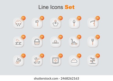 Set line Sprout, Cloudy weather, Colorado beetle, Seeds of specific plant, Fresh berries, Garden pitchfork, Lawn mower and Farmer worker hat icon. Vector