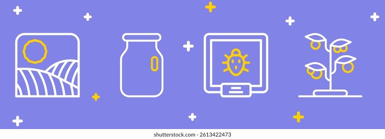 Set line Sprout, Colorado beetle, Glass jar with screw-cap and Agriculture wheat field farm icon. Vector