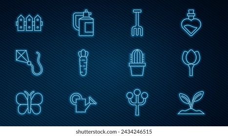 Set line Sprout, Flower tulip, Garden rake, Carrot, Kite, fence wooden, Cactus peyote in pot and sprayer for fertilizer icon. Vector