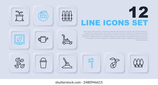 Set line Sprout, Fruit trees, Watering can, Wooden axe, Seeds of specific plant, Bucket, Eco healthy food and Shovel the ground icon. Vector