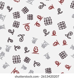 Set line Sprout, Garden fence wooden, Well and Fruit tree on seamless pattern. Vector