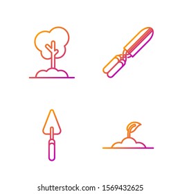 Set line Sprout, Garden trowel spade or shovel, Tree in the ground and Gardening handmade scissors for trimming. Gradient color icons. Vector