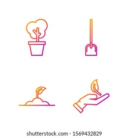 Set line Sprout in hand of environmental protection, Sprout, Tree in pot and Shovel. Gradient color icons. Vector