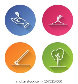 Set line Sprout in hand of environmental protection, Sprout, Garden rake in work and Tree. Color circle button. Vector
