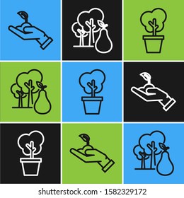 Set line Sprout in hand of environmental protection, Tree in pot and Tree with pears icon. Vector