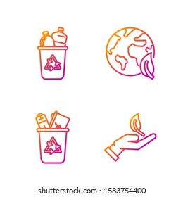 Set line Sprout in hand of environmental protection, Recycle bin with recycle symbol, Recycle bin with recycle symbol and Earth globe and leaf. Gradient color icons. Vector
