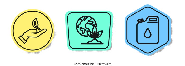 Set line Sprout in hand of environmental protection, Earth globe and plant and Canister for gasoline. Colored shapes. Vector