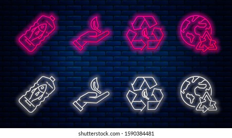 Set line Sprout in hand of environmental protection, Recycle symbol and leaf, Stop ocean plastic pollution and Planet earth and a recycling. Glowing neon icon on brick wall. Vector