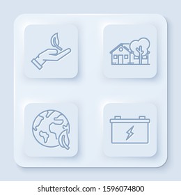 Set line Sprout in hand of environmental protection, Eco friendly house, Earth globe and leaf and Car battery. White square button. Vector
