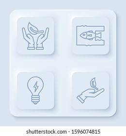 Set line Sprout in hand of environmental protection, Stop ocean plastic pollution, Light bulb with lightning symbol and Sprout in hand of environmental protection. White square button. Vector