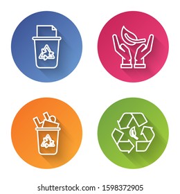Set line Sprout in hand of environmental protection, Recycle bin with recycle symbol and Recycle symbol and leaf. Color circle button. Vector