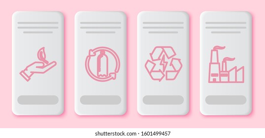Set line Sprout in hand of environmental protection, Recycling plastic bottle, Battery with recycle symbol and Factory. White rectangle button. Vector