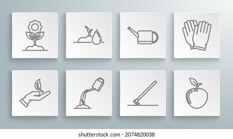 Fijar la línea Sprout en la mano de la protección ambiental, el brote de riego, lata con agua, trabajo de rastrillo de jardín, Apple, guantes e icono de Flor. Vector