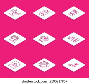 Die Linie Sprout in Hand mit Umweltschutz, Recycling-Papierkorb mit Recyclingsymbol kann, Erdkugelpflanze, Pflanzen, umweltfreundliches Haus, Papier und kein Plastikflaschensymbol. Vektorgrafik