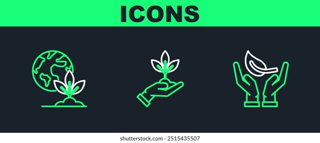 Set line Sprout in hand of environmental protection, Earth globe plant and Plant icon. Vector