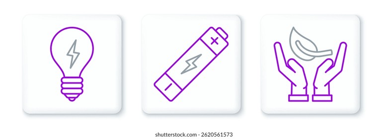 Set line Sprout in hand of environmental protection, Light bulb with lightning symbol and Battery icon. Vector
