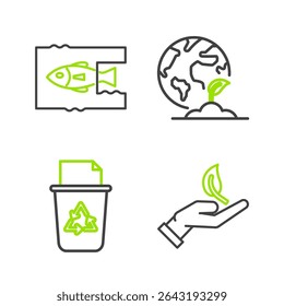Definir linha Rebento na mão de proteção ambiental, Lixeira com símbolo de reciclagem, Terra planta globo e Parar oceano ícone de poluição de plástico. Vetor