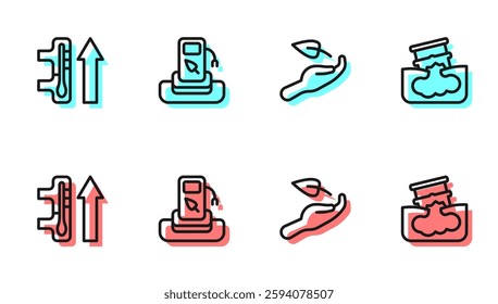 Set line Sprout in hand, Global warming, Petrol or gas station and Barrel oil leak icon. Vector
