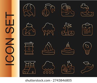 Set line Sprout in hand, Light bulb with leaf, Global warming, Wastewater, Storm, Deforestation,  and Withered tree icon. Vector