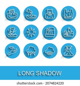 Set line Sprout in hand, Storm, Barrel oil leak, CO2 emissions cloud, Volcano eruption with lava, Sun, Problem pollution of the ocean and Glacier melting icon. Vector