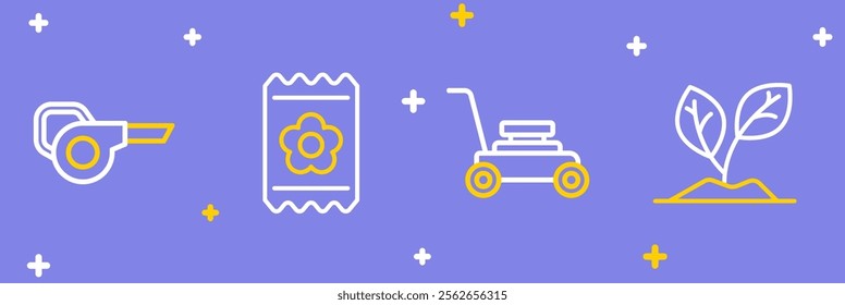 Set line Sprout, Lawn mower, Pack full of seeds and Leaf garden blower icon. Vector