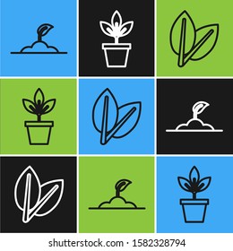 Set line Sprout, Leafs and Flowers in pot icon. Vector