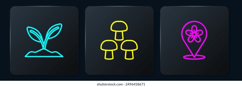 Set line Sprout, Location with flower and Mushroom. Black square button. Vector