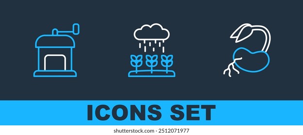 Set line Sprout, Manual coffee grinder and Plant sprouts grow the rain icon. Vector