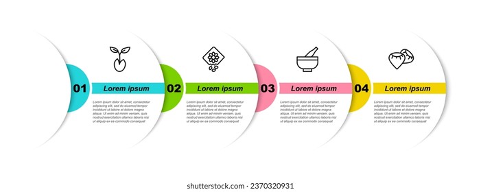 Fijar la línea Sprout, Envase lleno de semillas de planta, mortero y almirez y Semilla. Plantilla de infografía empresarial. Vector