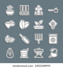 Set line Sprout, Pack full of seeds of plant, Farmer in the hat, Coffee beans, Seed, Seeds bowl and  icon. Vector